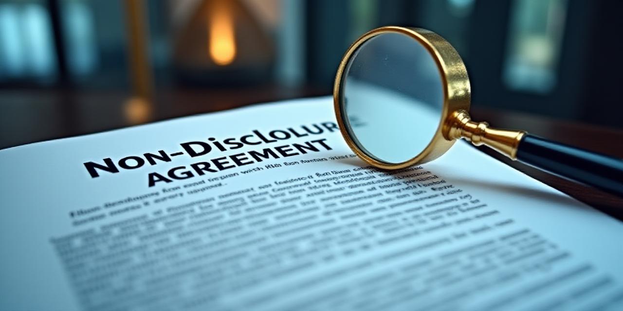 Close up of a legal contract with a magnifying glass over the fine print, industrial setting background